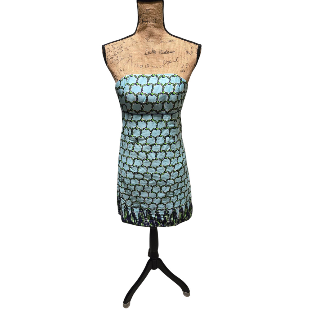 Lily Pulitzer strapless blue and green patterned mini dress, size 0